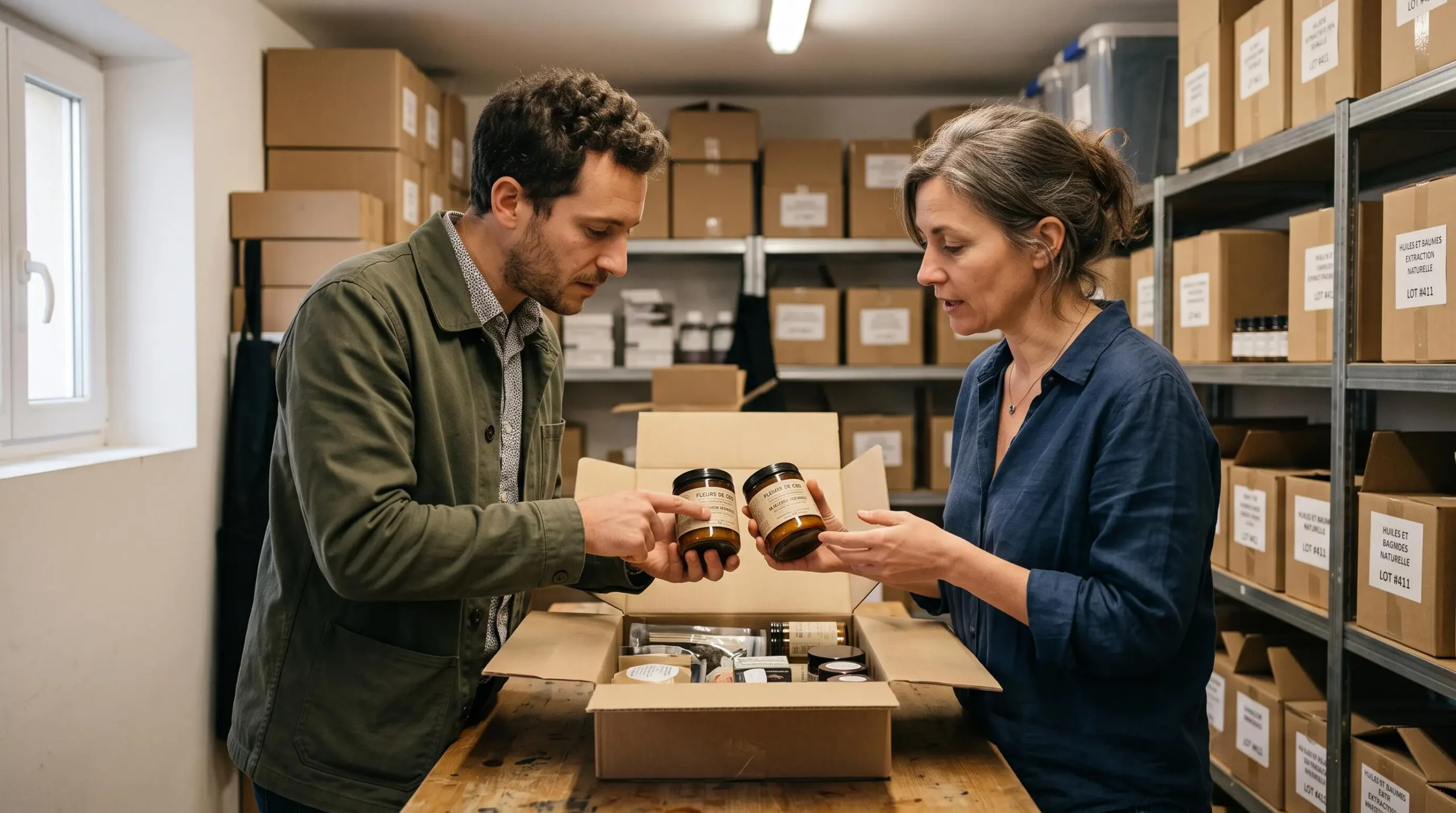 Un revendeur CBD et une représentante de grossiste comparent des produits sur une table dans une réserve.
